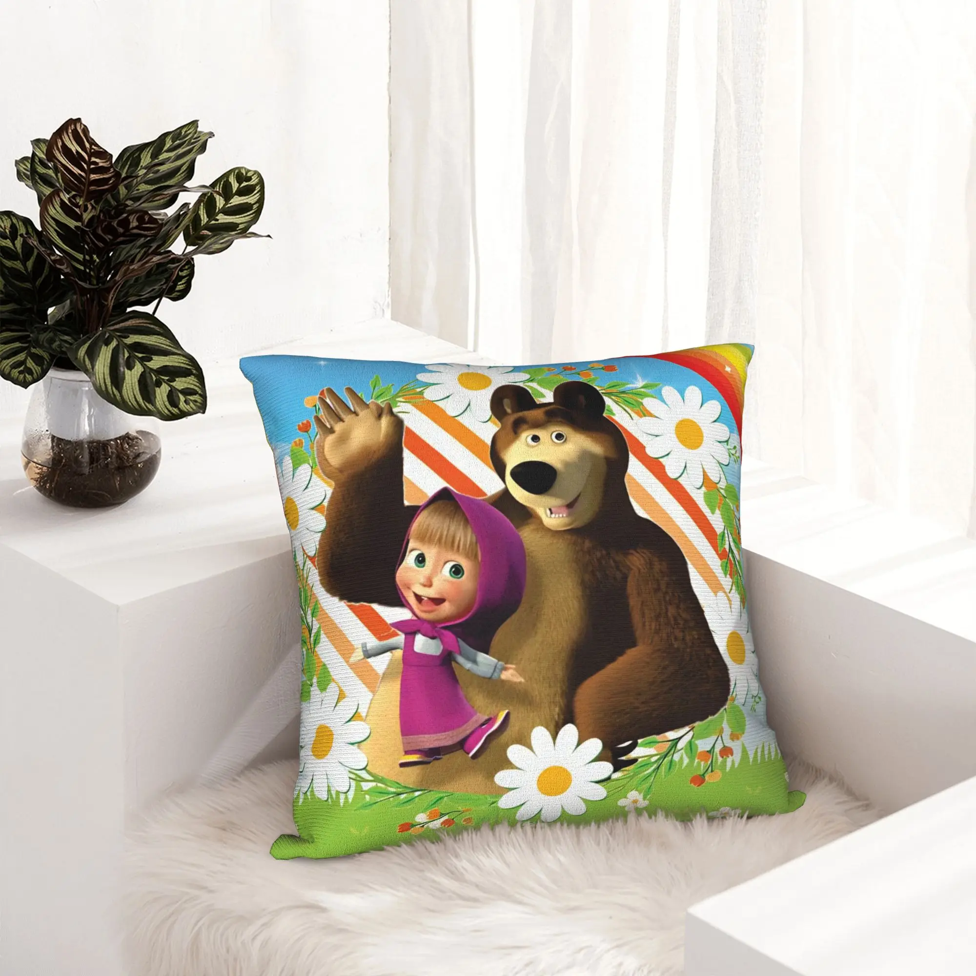 Cute Cartoon M-Masha and Bear Pillowcase Printing Polyester Cushion Cover Decor  Throw Pillow Case Cover Home Zipper 18''