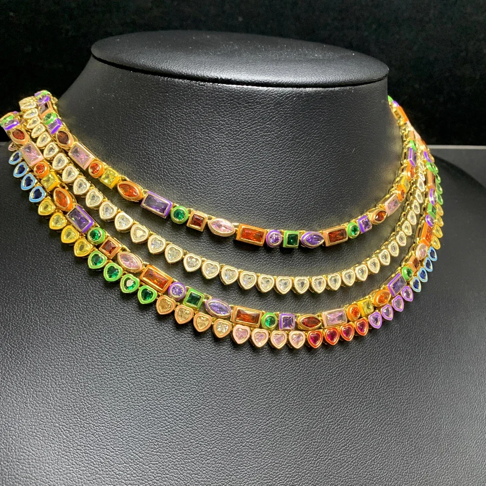 2025 New Geometric 5A CZ Rainbow Colorful Enamel Tennis Chain Bracelet Necklace Round Square Eye Rectangle Shape Women Jewelry