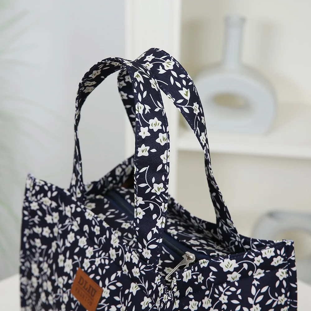 Neue Handtasche aus verdicktem Stoff mit Blumenmuster, Lunch-Tasche, tragbare Lunchbox-Aufbewahrungstasche, Reißverschluss-Design, multifunktionale Tragetasche – Detail 12