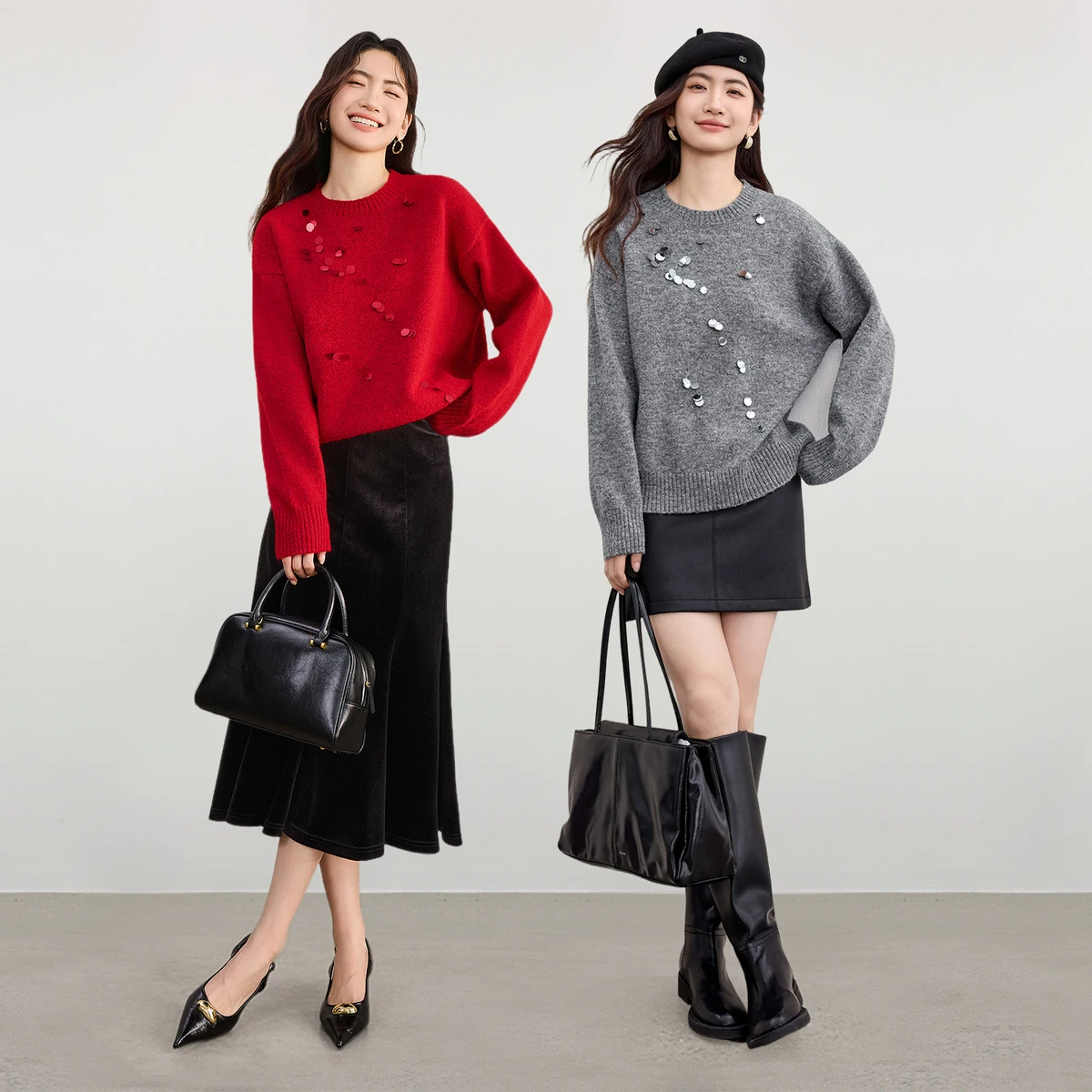 سترة حمراء للعام الجديد من SENTUBILA للنساء 2025 بلوفر تريكو بأكمام طويلة مع بلوزة محبوكة بالترتر للمرأة W54EE3142 #3