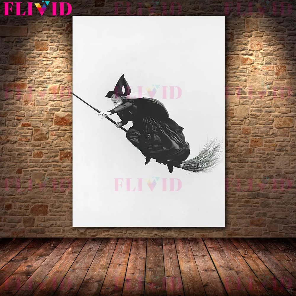 Woman On Broomstick Witchcraft Art Poster And Prints,The Witch Of Salem Town Wall Art Canvas Painting Wicca Home Decoration