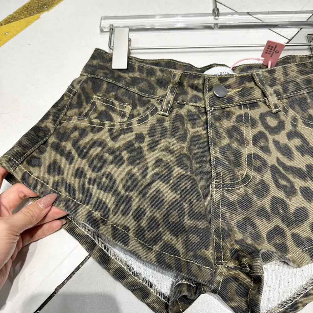 sexy low waist y2k leopard print denim shorts for women