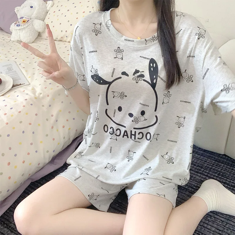 Hello Kitty's New Summer Pajamas for Women Modal Fixed Chest Pads Short Sleeved Shorts Sweet Cute Outerwear Set Cartoon Style