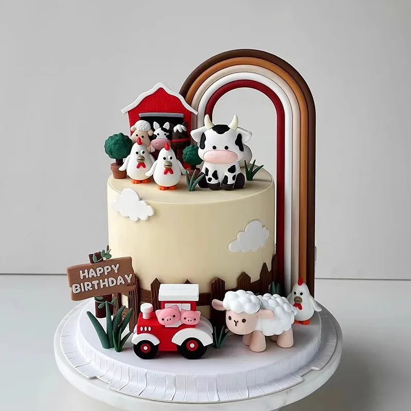 Juego de adornos para tarta de granja arcoíris, figuritas de goma suave de vaca/cerdo/oveja con adornos de Tractor de cabaña para cumpleaños, Baby Showers