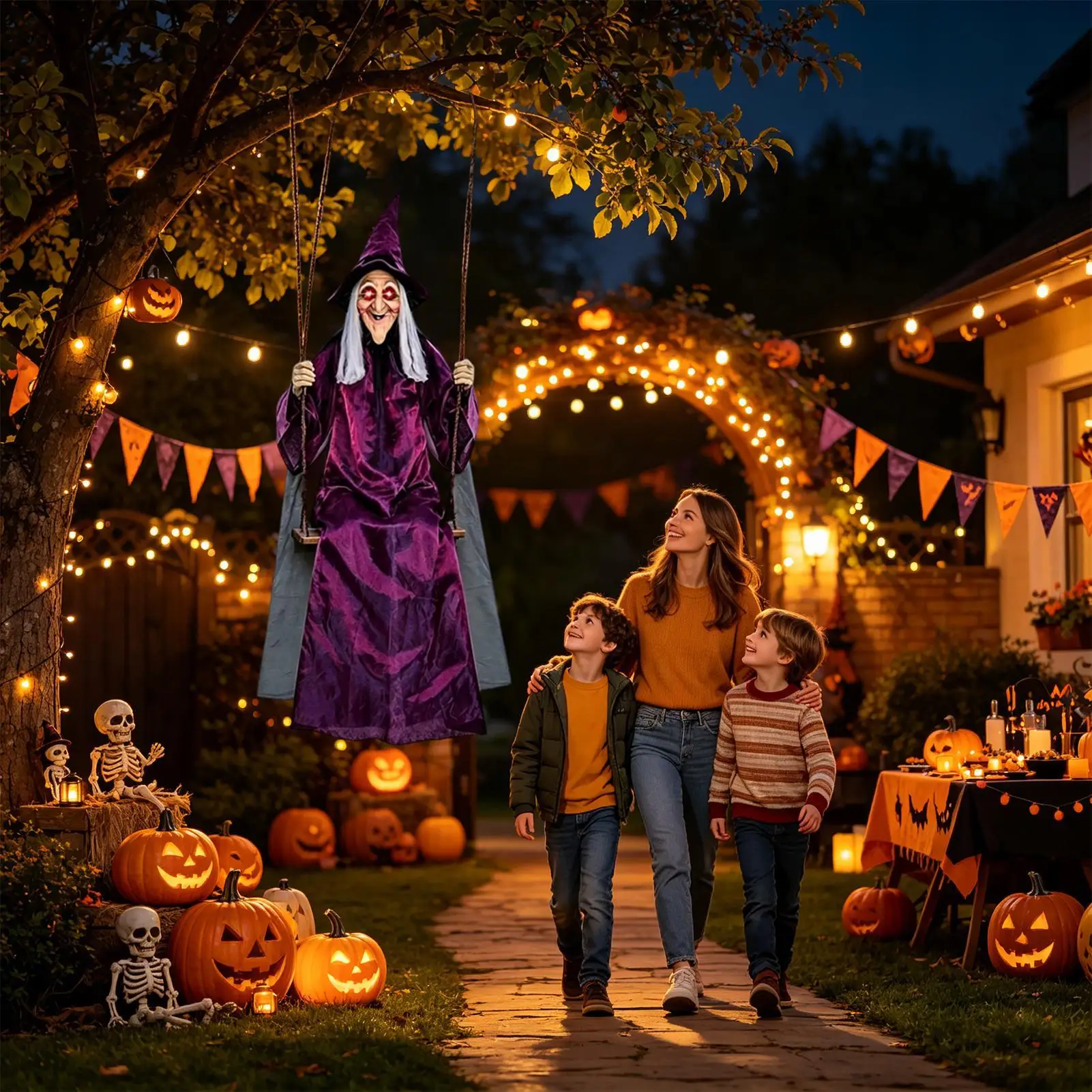 Swinging Witch 1.8m Life Size Outdoor Haunted House Props Witch on a Swing for Garden Porch Yard Lawn Fireplace Mantel Home