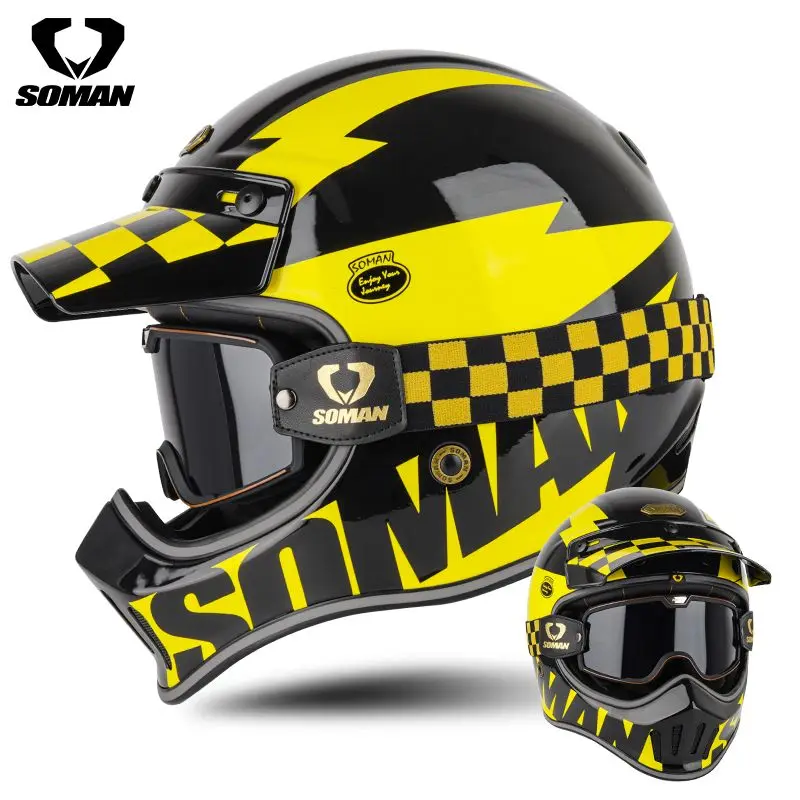 Soman Carbon Fiber Vintage Off-Road Helmet DOT Certified Motorcycle Safety Helmet Four Seasons Universal Rally Helmet