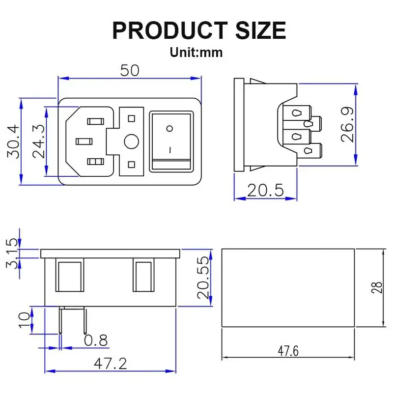 ICE320 C14 AC Illuminated Rocker Switch And Fuse Holder 10A 250V 3PIN Electrical Power Socket With Panel Mount