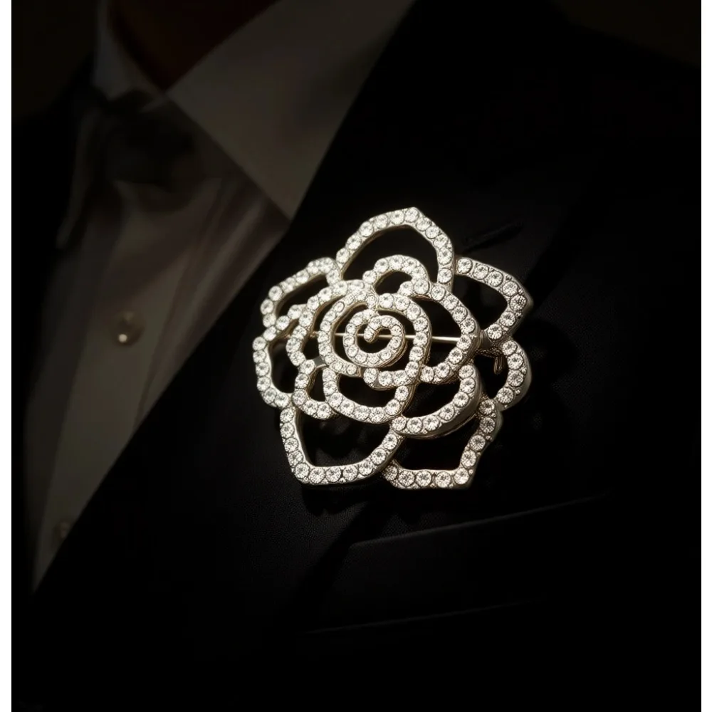 

Блестящая брошь-цветок розы с кристаллами для свадебной вечеринки, аксессуар для шарфа, серебристый оттенок