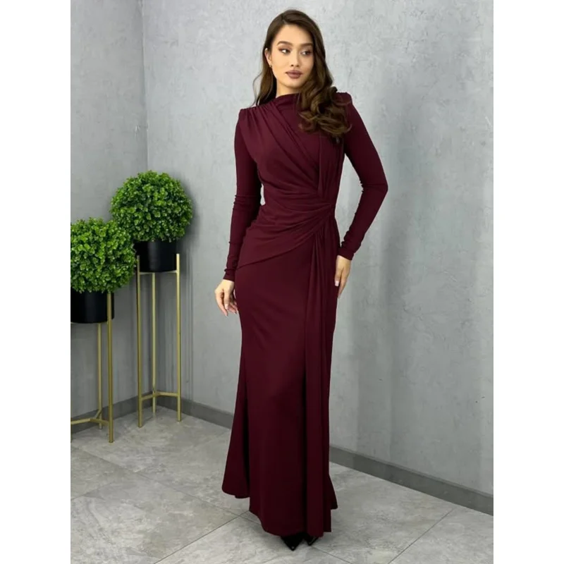 

Wind2025Autumn Fashion New Women's Long Sleeve Waist-Cinching Ruched Slim Fit Long Dress Wholesale