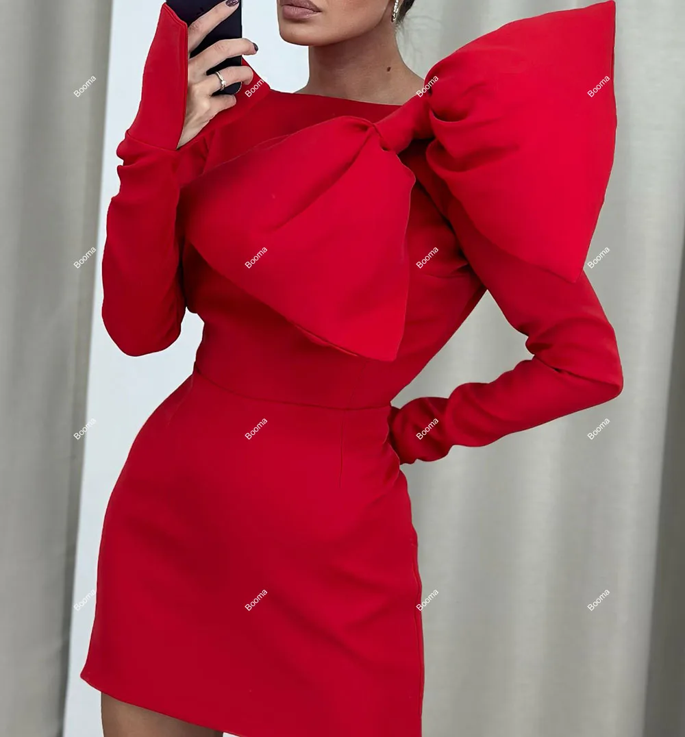 Booma Red Mini Prom Gowns Satin High Neck Long Sleeves Cocktail Dresses for Women Special Occasion Dress with Big Bow Outfits