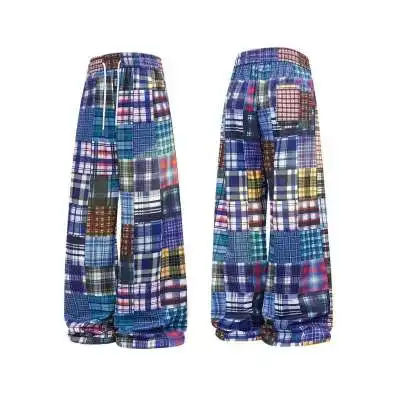 Color stitching plaid wide-leg pants women autumn new fashion Vintage Patchwork Plaid Pants Multi-Color Check design