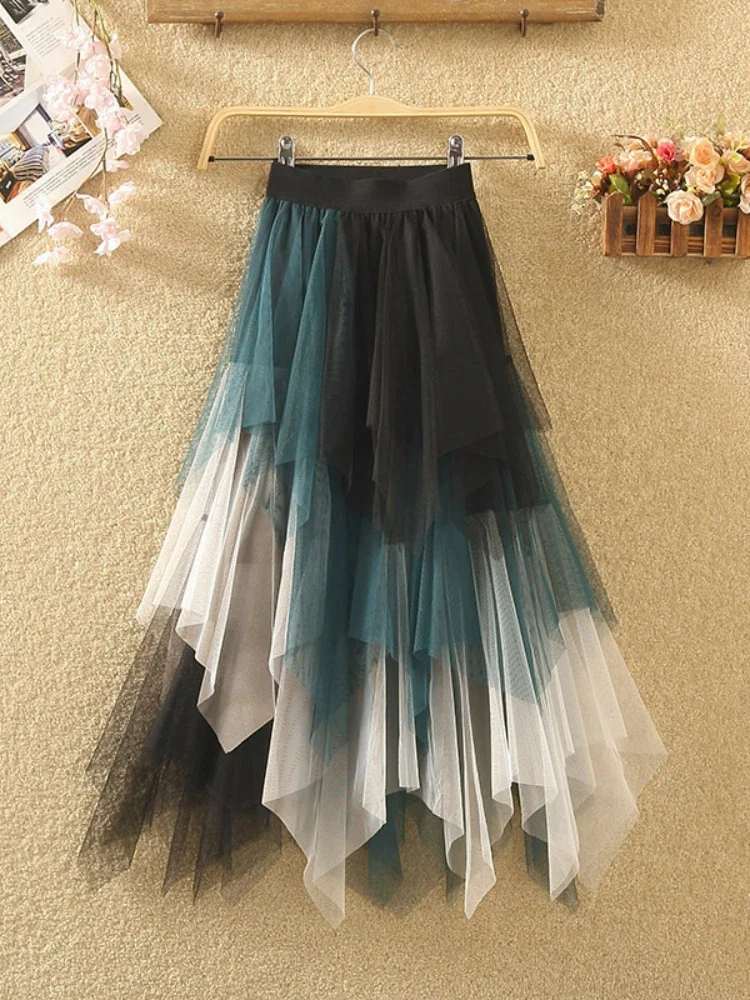 Women Tulle Skirt Irregular Mesh Gauze Petticoat Female Patchwork Sweet Girl A-line Long Skirt Multicolor Cute Voile Dance Dress