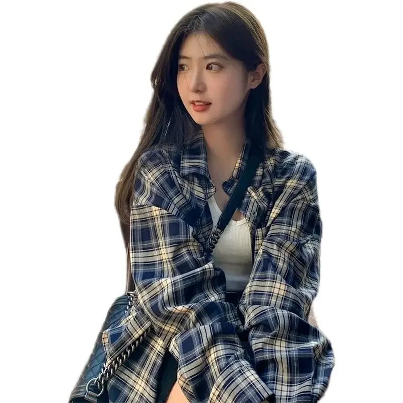 

Power Wear Plaid Shirts Women Idle Sle Retro Cardigan Shirt Outerwear Long sleeve Top Spring and Autumn New women shirt blouses