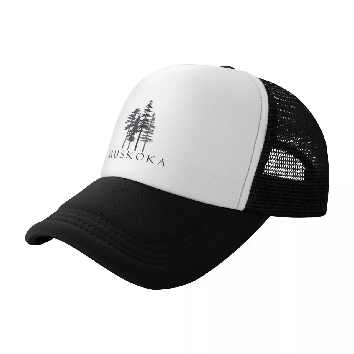 Muskoka Serenity: Elegant Pine & Spruce Tree Silhouettes with Text Design Baseball Cap Military Cap Man Men's Baseball Women's