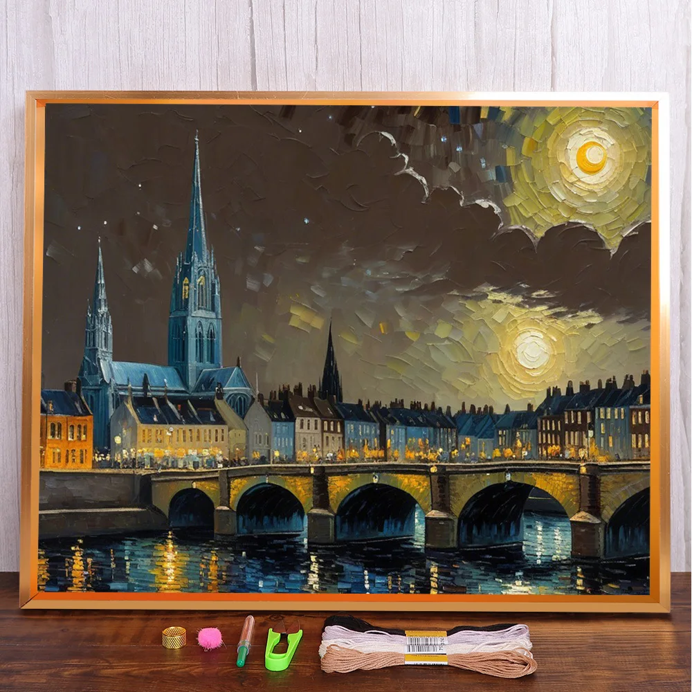

Landscape City Night Printed 11CT Cross-Stitch DIY Embroidery Kit Needlework Sewing Hobby Craft Room Decor Stamped Home Decor