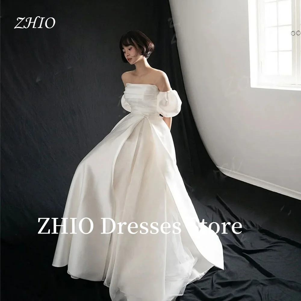 ZHIO Elegant Strapless A Line Wedding Dresses Photos Shoot Customized Short Puff Sleeve Bride Gown Korea Wedding Party Dress