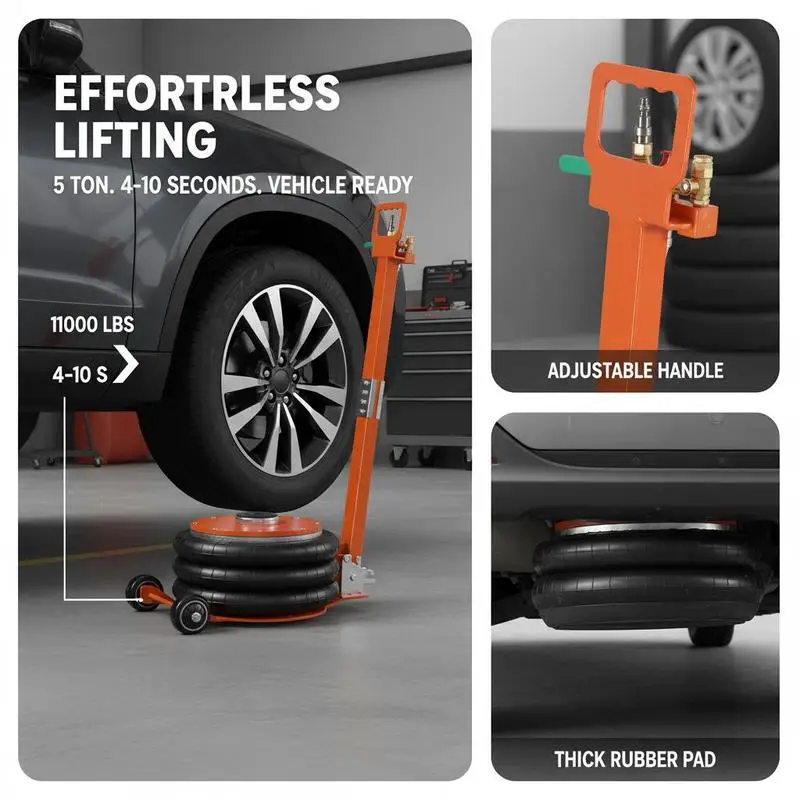 Pneumatic Car Lift 11000 lbs 5 Ton For Sedan SUV Pickup Truck, Heightened Column Adjustable Long Handle Thickened Rubber Pad Space-Saving Design Rapid Lifting Solution Professional Vehicle Maintenance Tool White Carbon Steel Construction Garage Equip