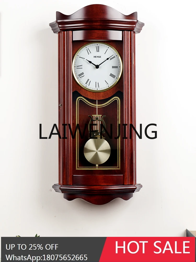 Noiseless Hanging Clock Living Room European-Style Retro Solid Wood Music Bell Time Reporting Quartz Large Pendulum Clock