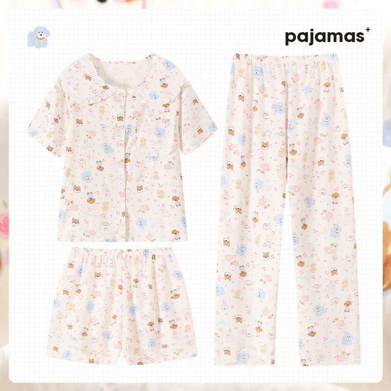 

Cloud Cotton Pajamas Three-Piece Female Summer Short-Sleeved Sweet Doll Collar Cartoon Homewear Girls Students Casual Pajamas