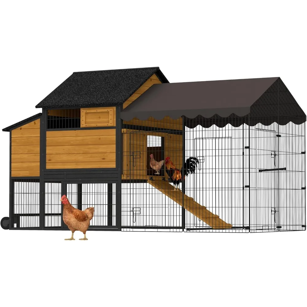 

Large Chicken Coop for 6-8 Chickens,Mobile Combination of Metal and Wood Hen House Poultry Cage with Metal Run, Nesting Box,Wate