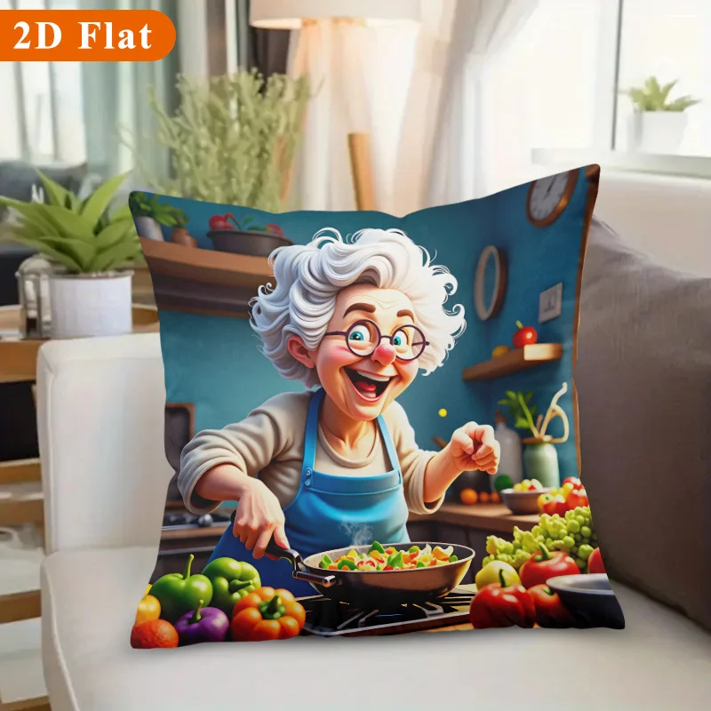 Funny Grandma Cooking Pillow Case, Happy Chef Kitchen Decor, Colorful Vegetable Art, Cute Home Cushion Cover, Warm Gift for Her