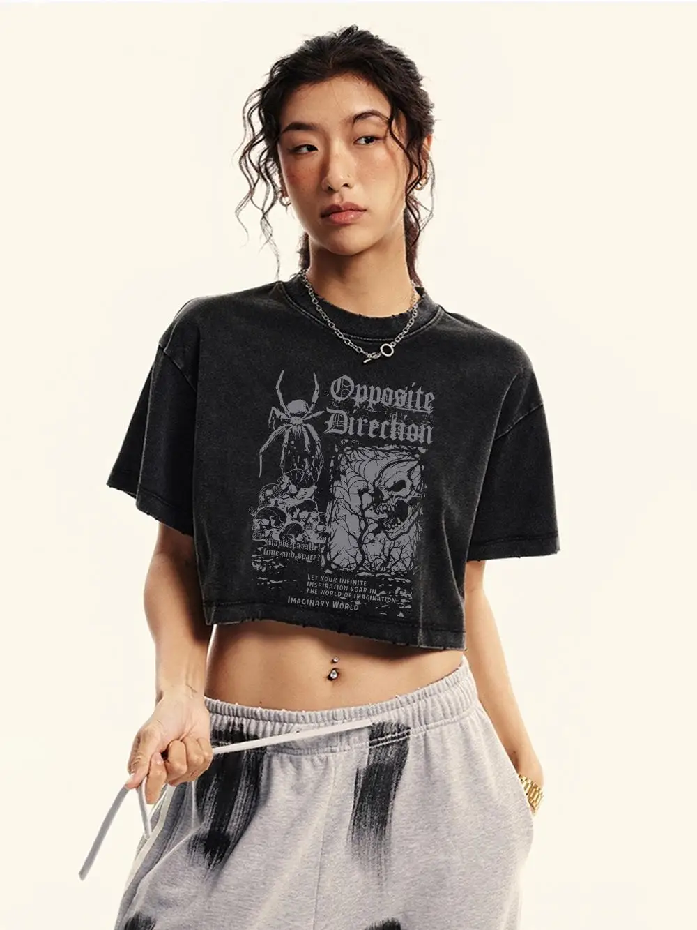 Womans Cotton Crop Washed T-Shirts Scary Spider Skull Prints Short Sleeve Oversize O-Neck Distressed Tops Female Street Clothes