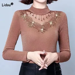 Fashion Lace Spliced Solid Color Tops Autumn Winter Half High Collar Casual Commute Slim Long Sleeve T-shirt Women's Clothing