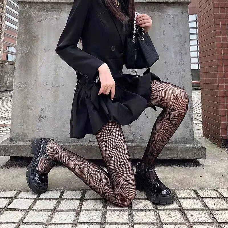 ผู้หญิงเซ็กซี่ Retro Gothic Lolita ข้ามพิมพ์ Club Tights Goth คอสเพลย์ JK สาวไนลอนถุงเท้าถุงน่อง Fishnet Pantyhose