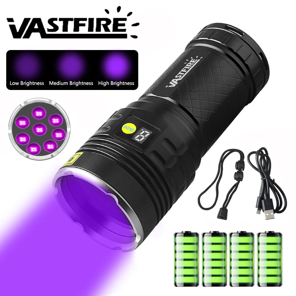 Latarka UV 365nm z 8 diodami LED, mocna, ładowalna, do wykrywania banknotów i fluorescencyjnych substancji.