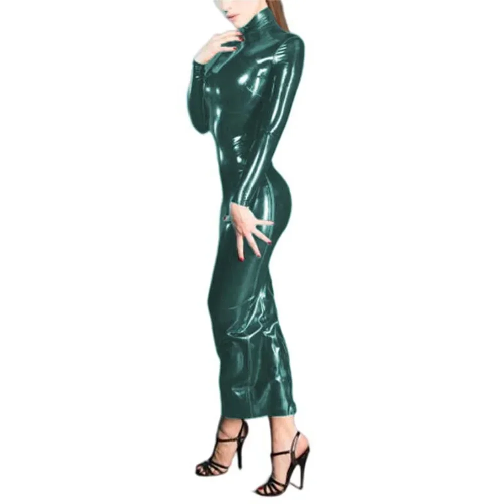 Women Sexy Bodycon Dress Shiny PVC Leather Turtleneck Hip Wrap Maxi Dress Party Night Clubwear Faux Latex Long Sleeve Vestido