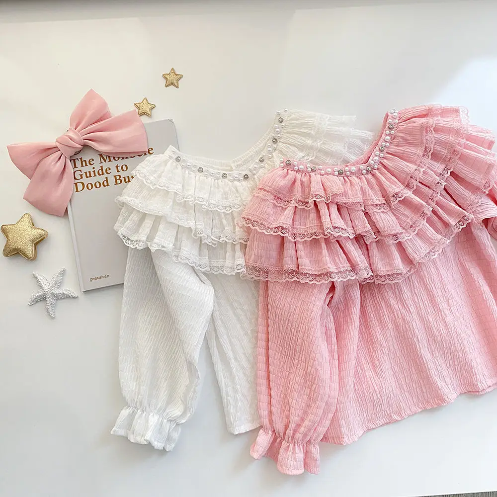 Baby Girls Fall Fashion Teenage Pink White Blouse , Princess Kids Sweet Lace Ruffles  Long Sleeve Top 6-12T