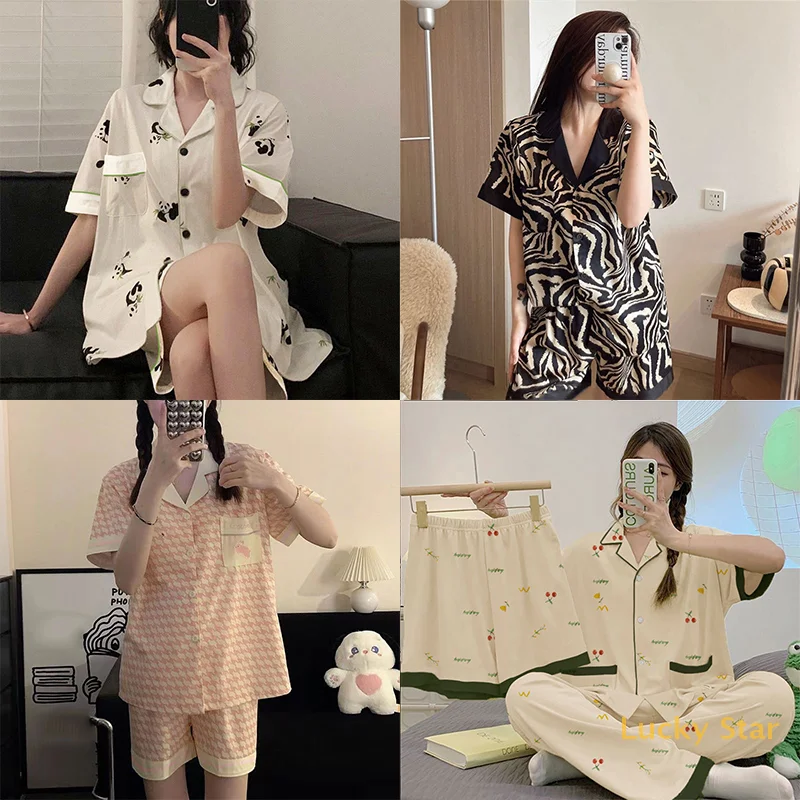 

Summer New Style Women's Pajamas Short Sleeve New Large Size Loose Summer Thin Three-piece Trousers Home Clothes