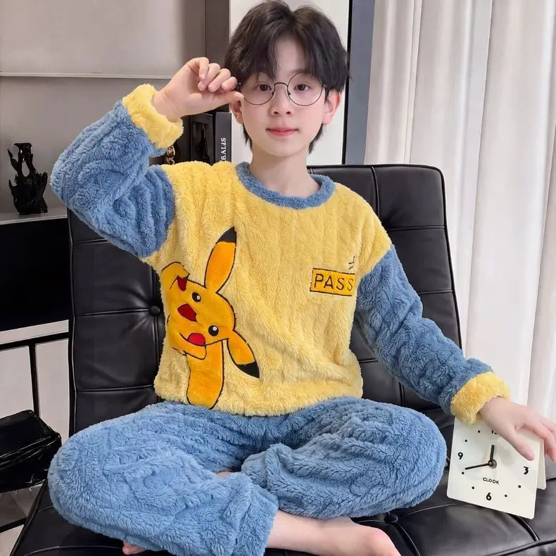 Gengar Pikachu Pajama Set Winter Cozy Jacquard Coral Fleece 2-Piece Sleepwear Popular Cartoon Anime Print Top Pants Loungewear