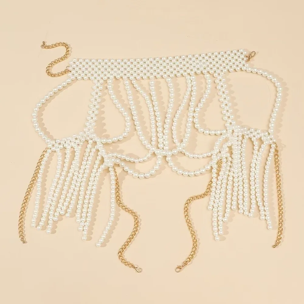 Handmade Beaded Pearl Shoulder Chain Hollow Tassel Imitation Pearl Pearl Shawl Necklace Layered Two Sides Tassel Fringe