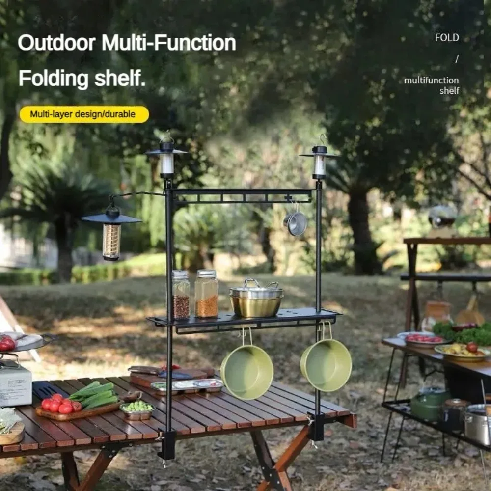 

Outdoor Aluminum Storage Rack Desktop Double Layer Storage Rack Portable Camping Grill Adjustable Multi-functional