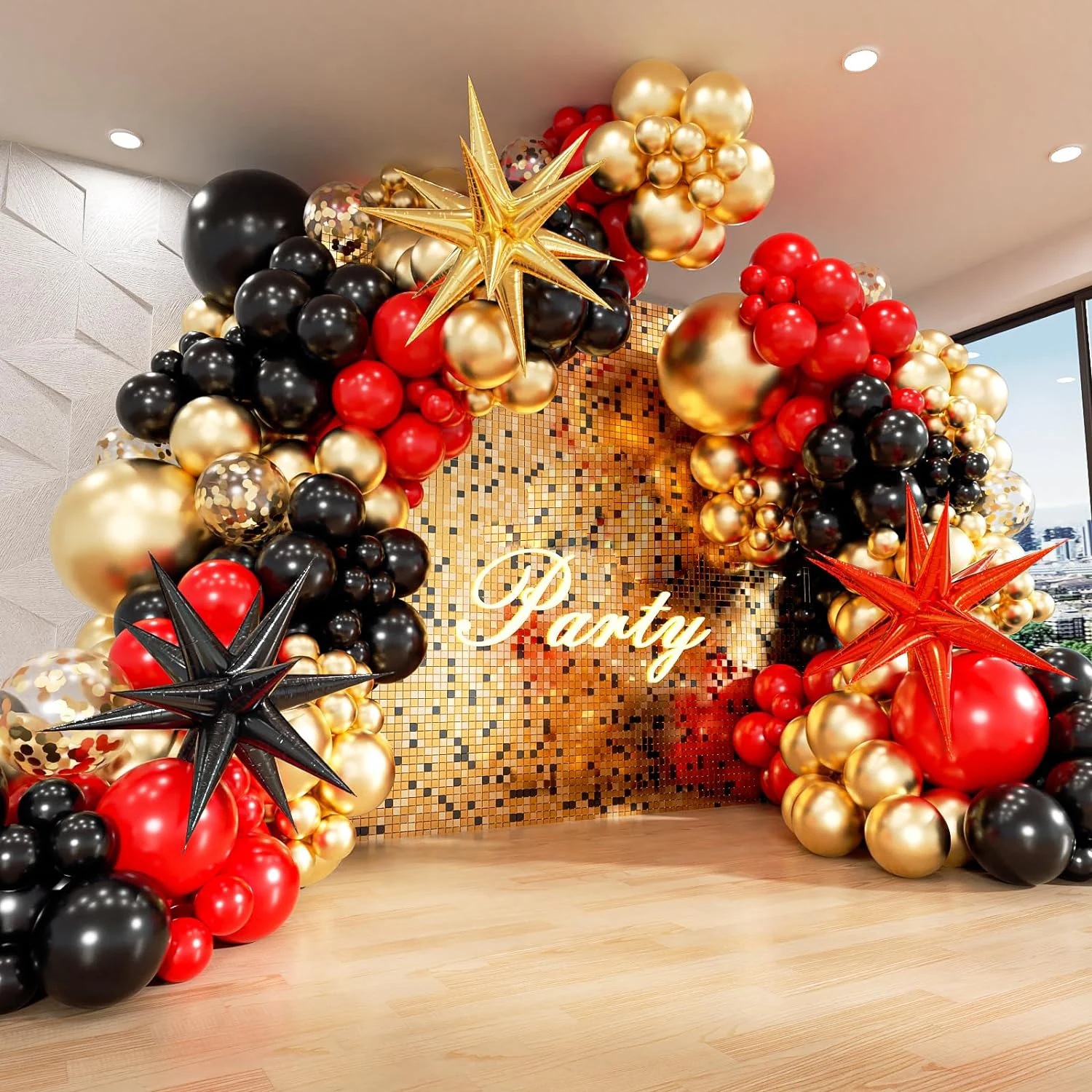 121Pcs Red Black Gold Balloons Garland Arch Kit with Starburst Foil Balloons for Wedding Anniversary Birthday Party Decorations