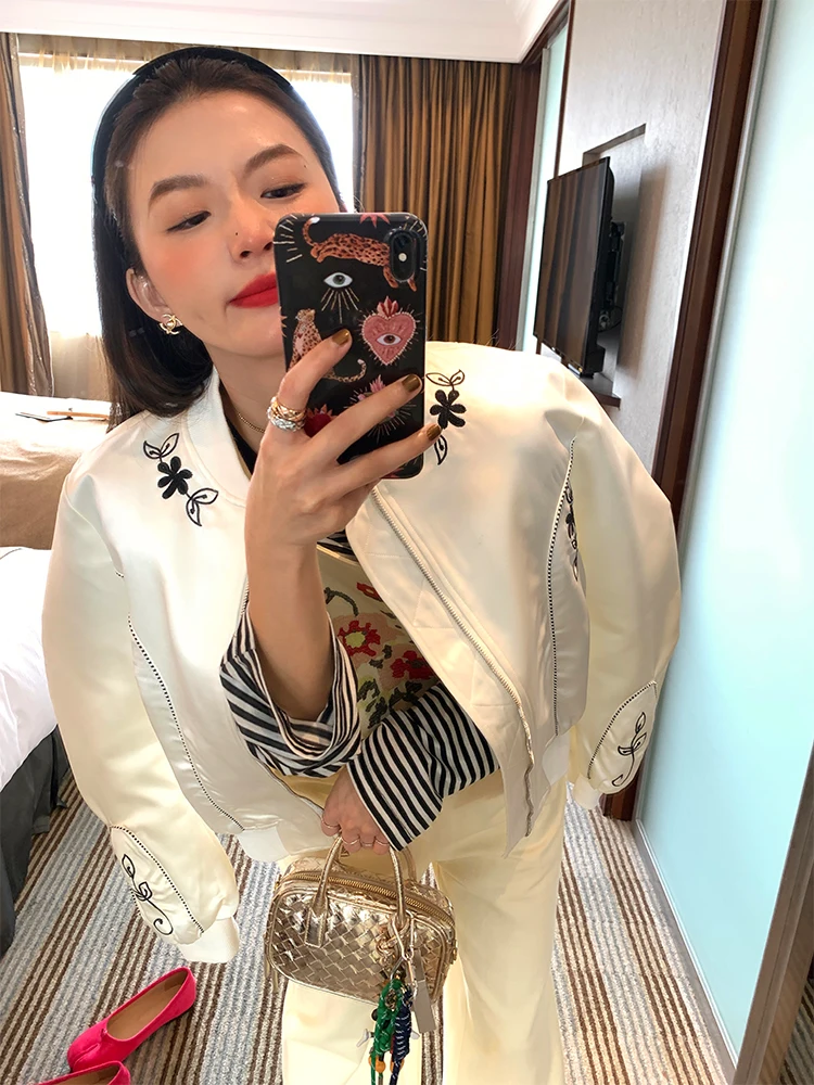 

Embroidered Baseball Jaet Women's Spring Autumn White ort Outerwear Versatile Design Casual Commute Sle Long Sve Zipper