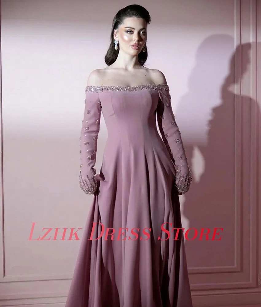 Abito da sera con perline di cristallo con paillettes e spalle scoperte in jersey squisito personalizzato Abiti da ballo sexy a maniche lunghe