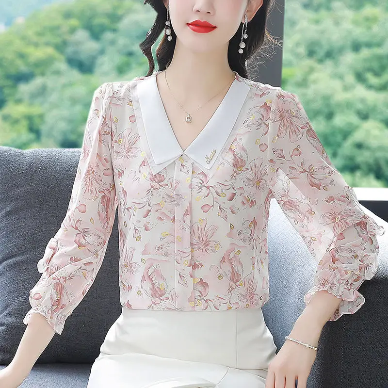 แฟชั่นพิมพ์เสื้อเชิ้ตแขนสามในสี่เสื้อชีฟองผู้หญิงฤดูใบไม้ผลิฤดูใบไม้ร่วงรุ่นใหม่ลดอายุกระชับสัดส่วนฐานอเนกประสงค์