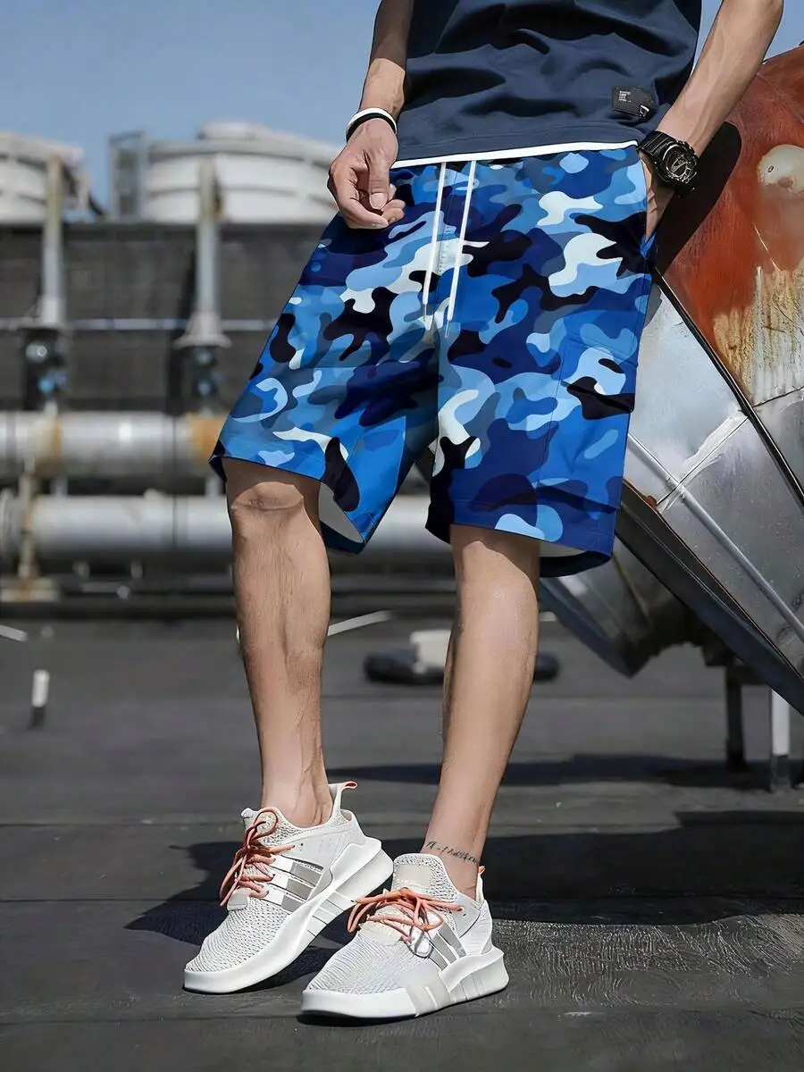 

Mens Casual Blue Camouflage Print Shorts With Drawstring Waist