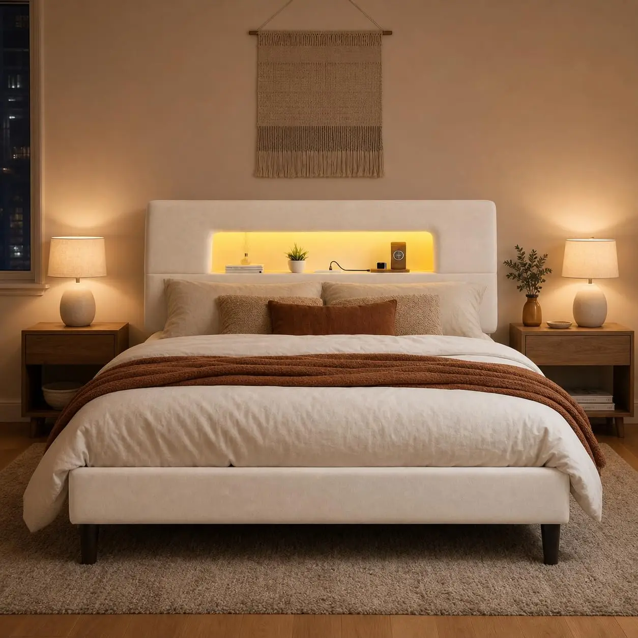 Queen Bed Frame Storage Headboard LED Lights USB Charging Beige, Customized