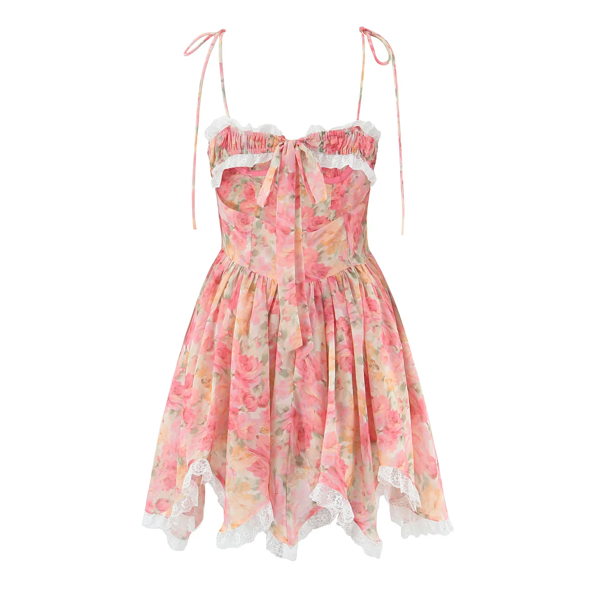 Sexy Pink Orange Gradient Floral Print 3D Flower Spliced Lace Short Sling Dress Women Cascade Ruffles Irregular Dresses Vestidos