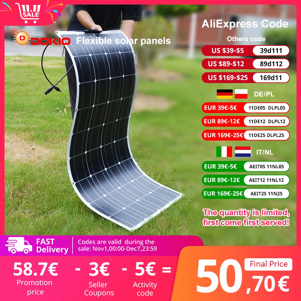 DOKIO 18V 100W Flexible Solar Panels 300W Waterproof Monocrystalline Solar Panel Camping RV Home Charge 12V DFSP-100M