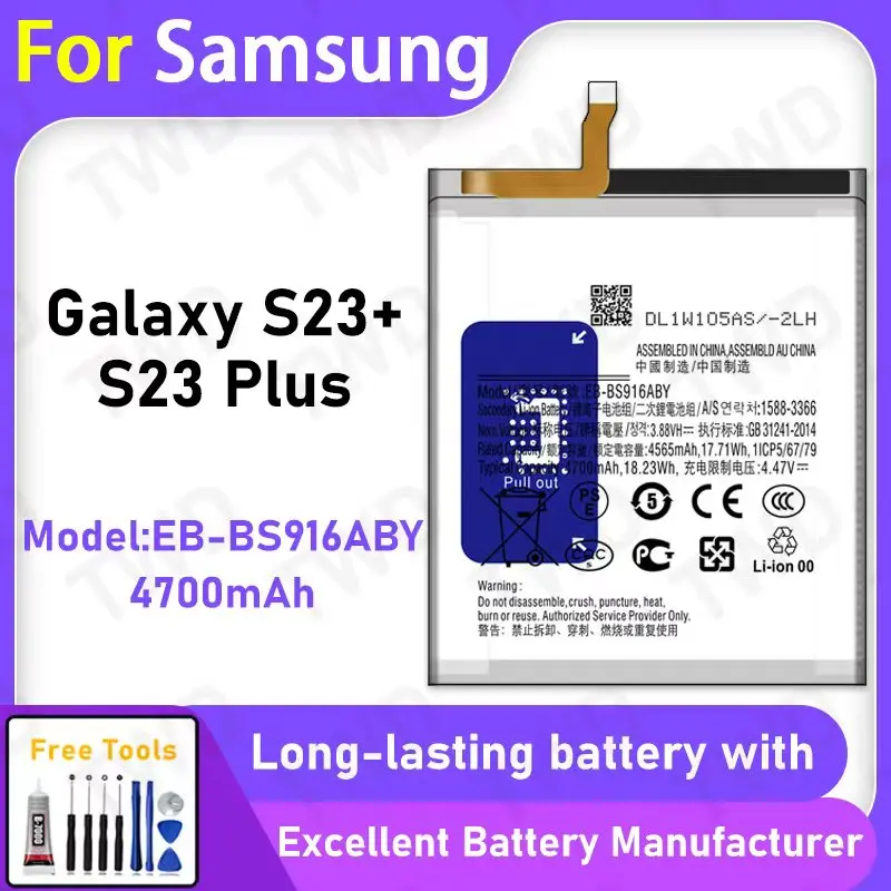 

100% New 4700mAh EB-BS916ABY Battery For Samsung Galaxy S23+/S23 Plus Battery Replacement Bateria+Free Tools