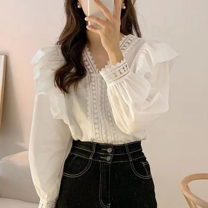 Chic Korean Style V-neck Loose Casual Puff Sleeve Ruffles Women Blouse Spring Summer Long Sleeve Women Blouses Lady Tops 1983