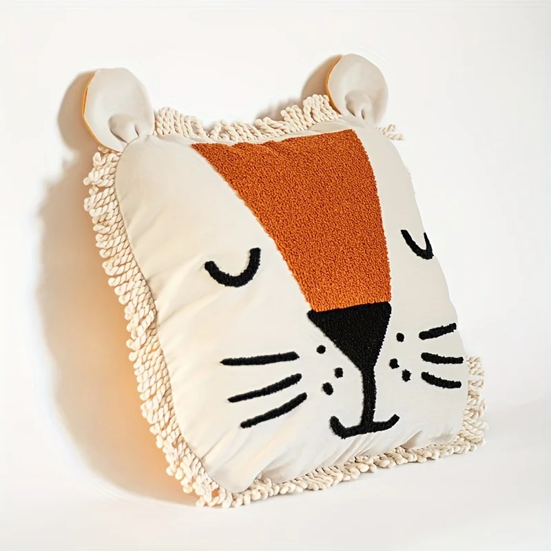 

Plush Pillow Adorable Lion Head Embroidered Patchwork Design Soft Removable Cover Ideal for Holiday Party Gifts Sofa Bedroom