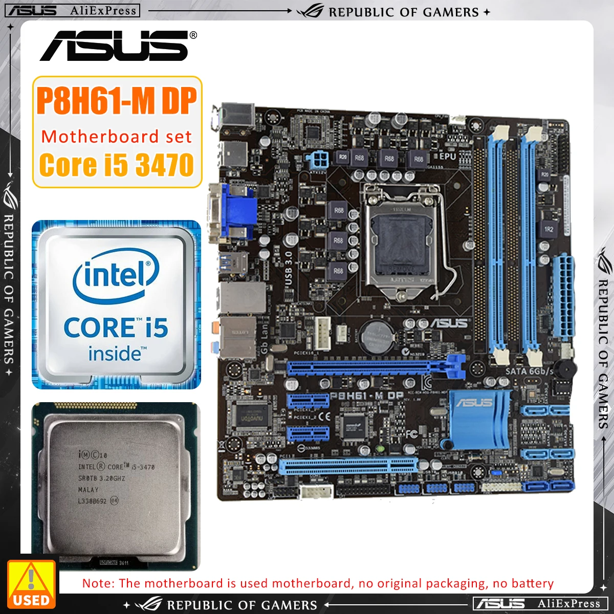 Asus P8H61-M DP motherboard i5 3470 CPU package uses Intel H61 chipset LGA 1155 slot to support Core i7 i5 i3 DDR3 DIMM 16GB