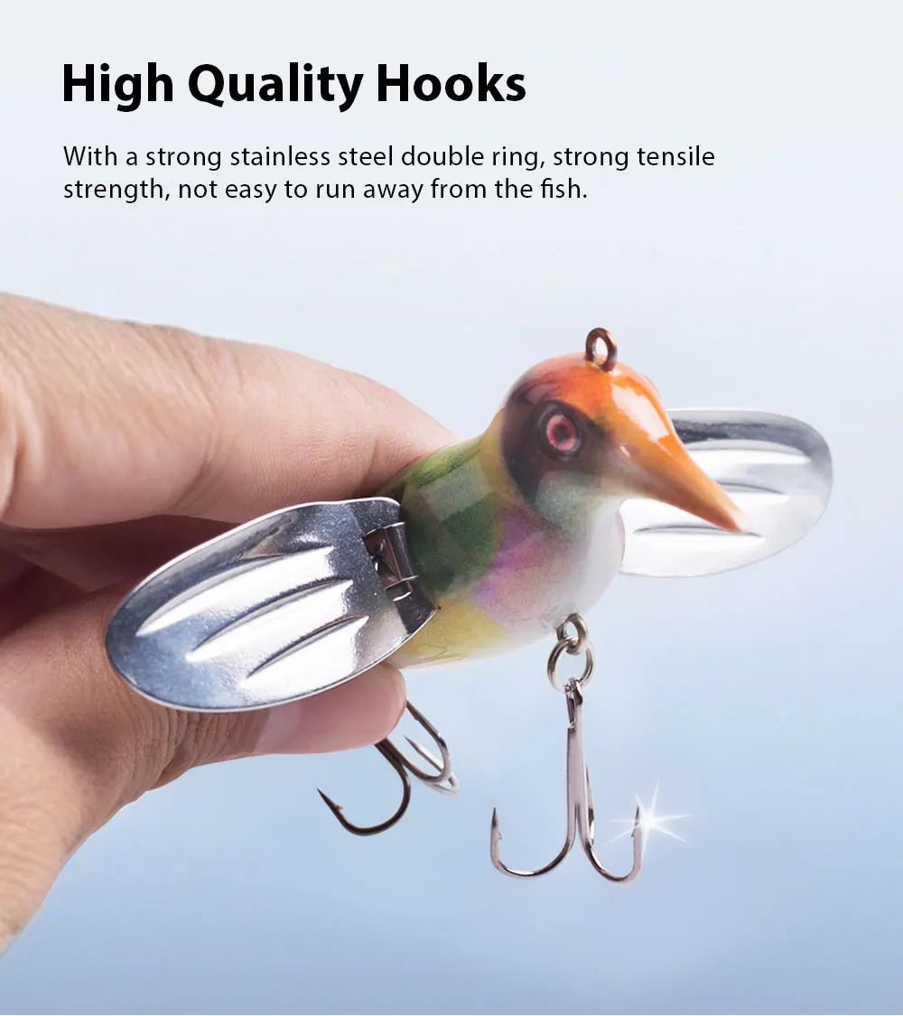 Hanlin 80mm/12g Vogel-Topwater-Popper-Köder, schwimmender Angelköder, Hartplastik-Metallflügel-Wobbler, Swimbait, Pesca, Hecht- und Barsch-Angelausrüstung – Detail 5