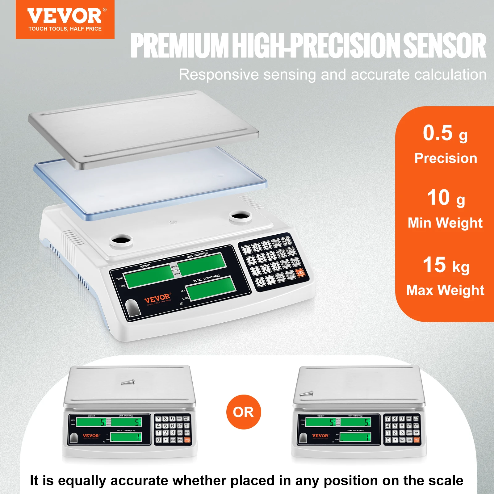 VEVOR 15KG /0.5G Precision Digital Counting Scale Electronic Balance Weight Scale with LCD Screens RS232 Port for Parts Coins