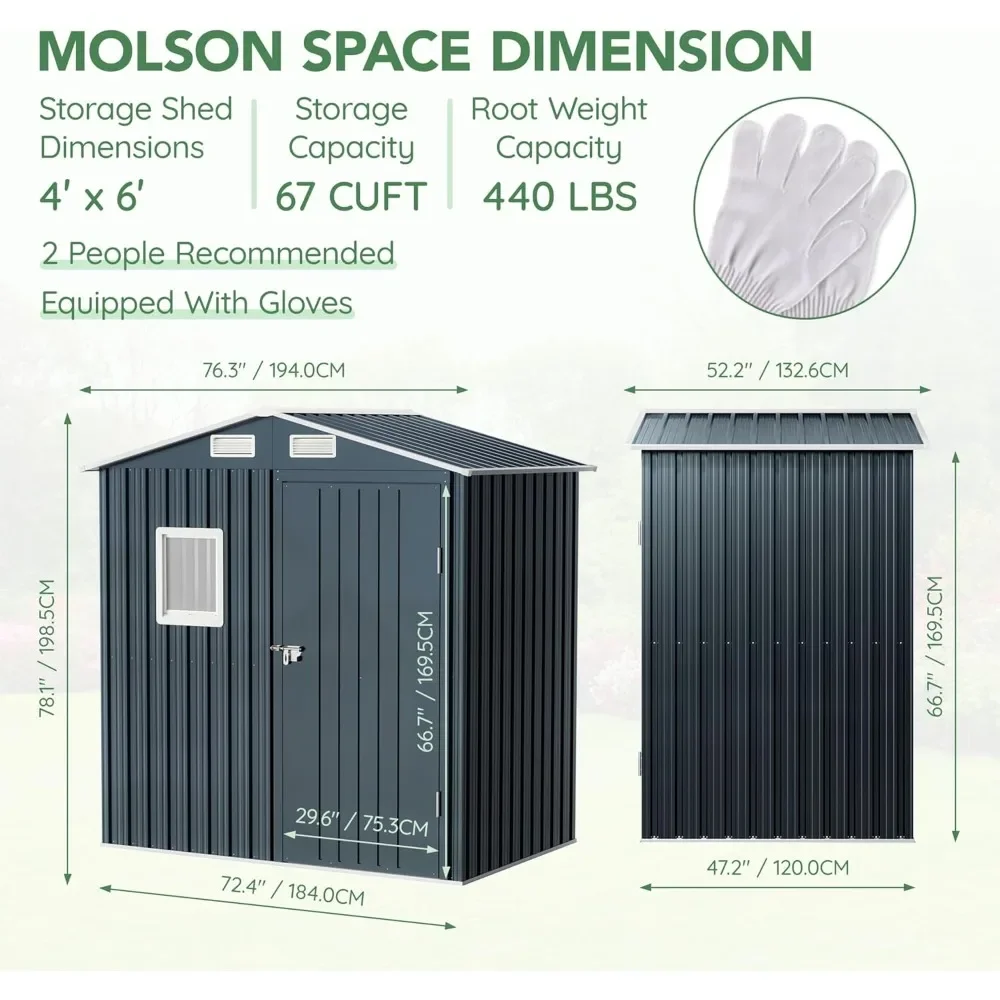 سقيفة تخزين فولاذية خارجية بطول 6 × 4 أقدام مع نافذة شفافة وأبواب قابلة للقفل ومقاومة للطقس للحديقة والفناء الخلفي